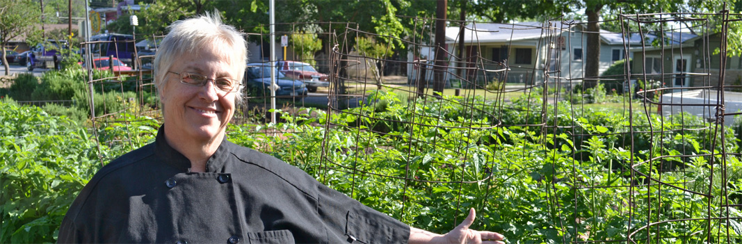 Elaine Martin in the garden behind Eastside Cafe